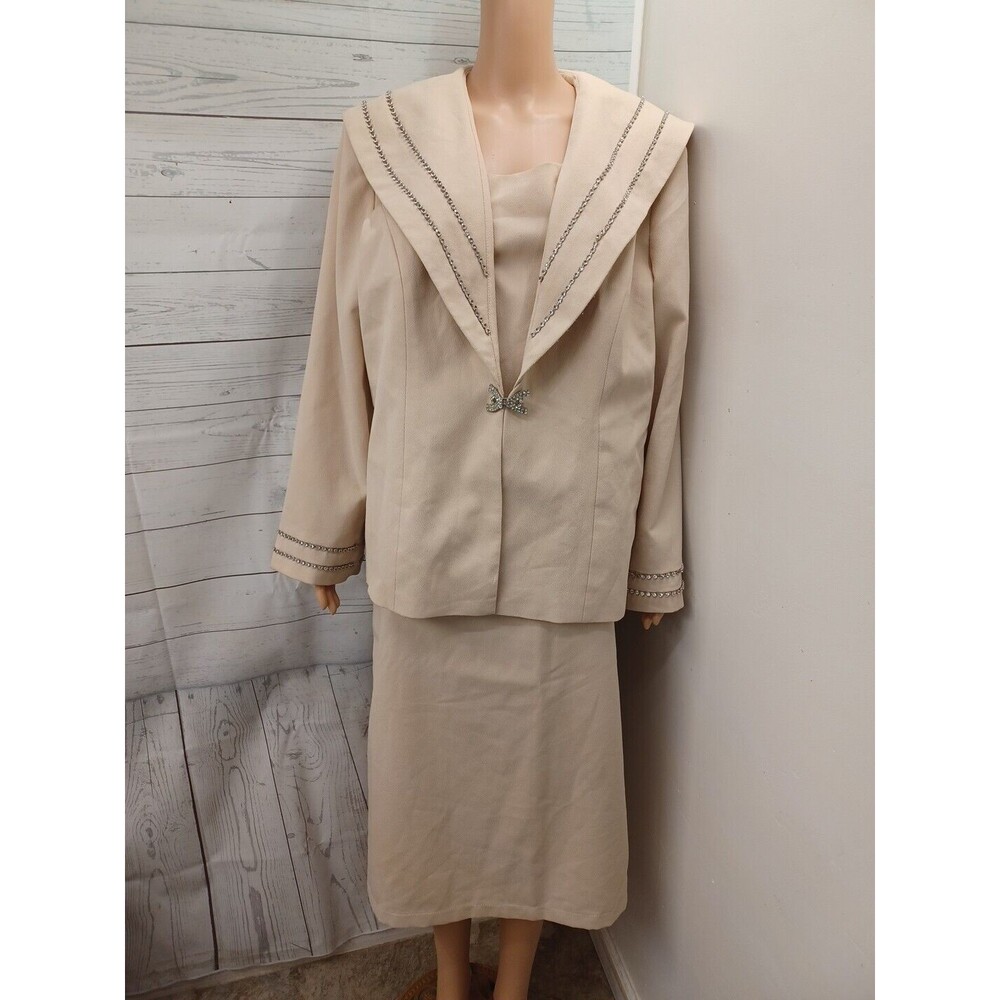 G. M. I. GMI 3 Pcs Blazer Jacket Skirt Top Suit Set Beige Sz 18W Rhinestones